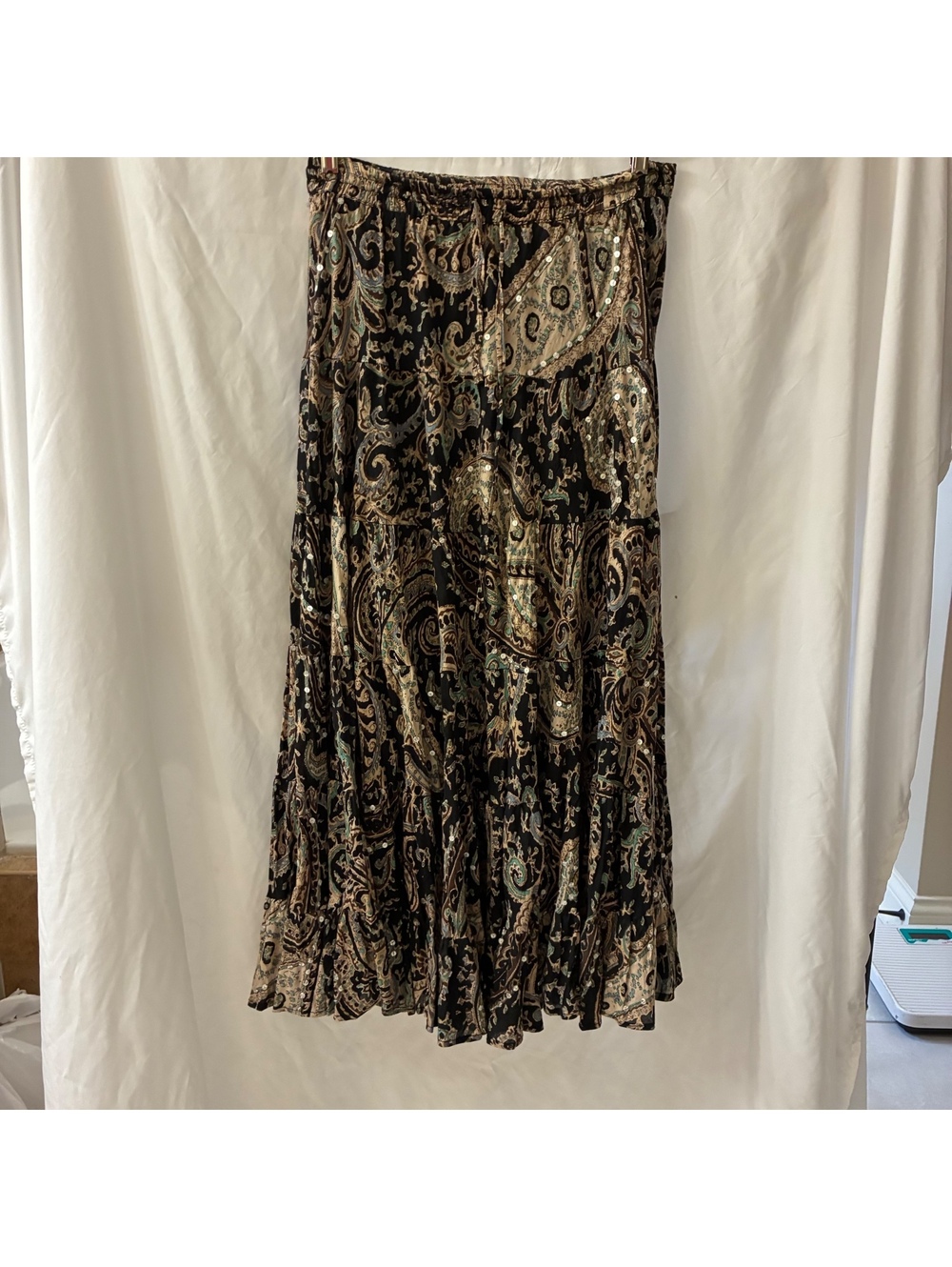 Vintage Silver Stream OneSize Paisley Boho Ruffed Hem Festival Whimsy Maxi Skirt